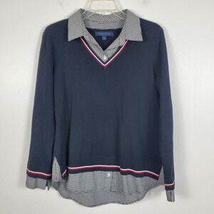 Tommy Hilfiger Womens Houndstooth Twofer Sweater Blouse Long Sleeve Black Sz M